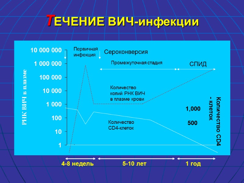 ТЕЧЕНИЕ ВИЧ-инфекции Количество копий РНК ВИЧ в плазме крови Количество CD4-клеток 4-8 недель 5-10